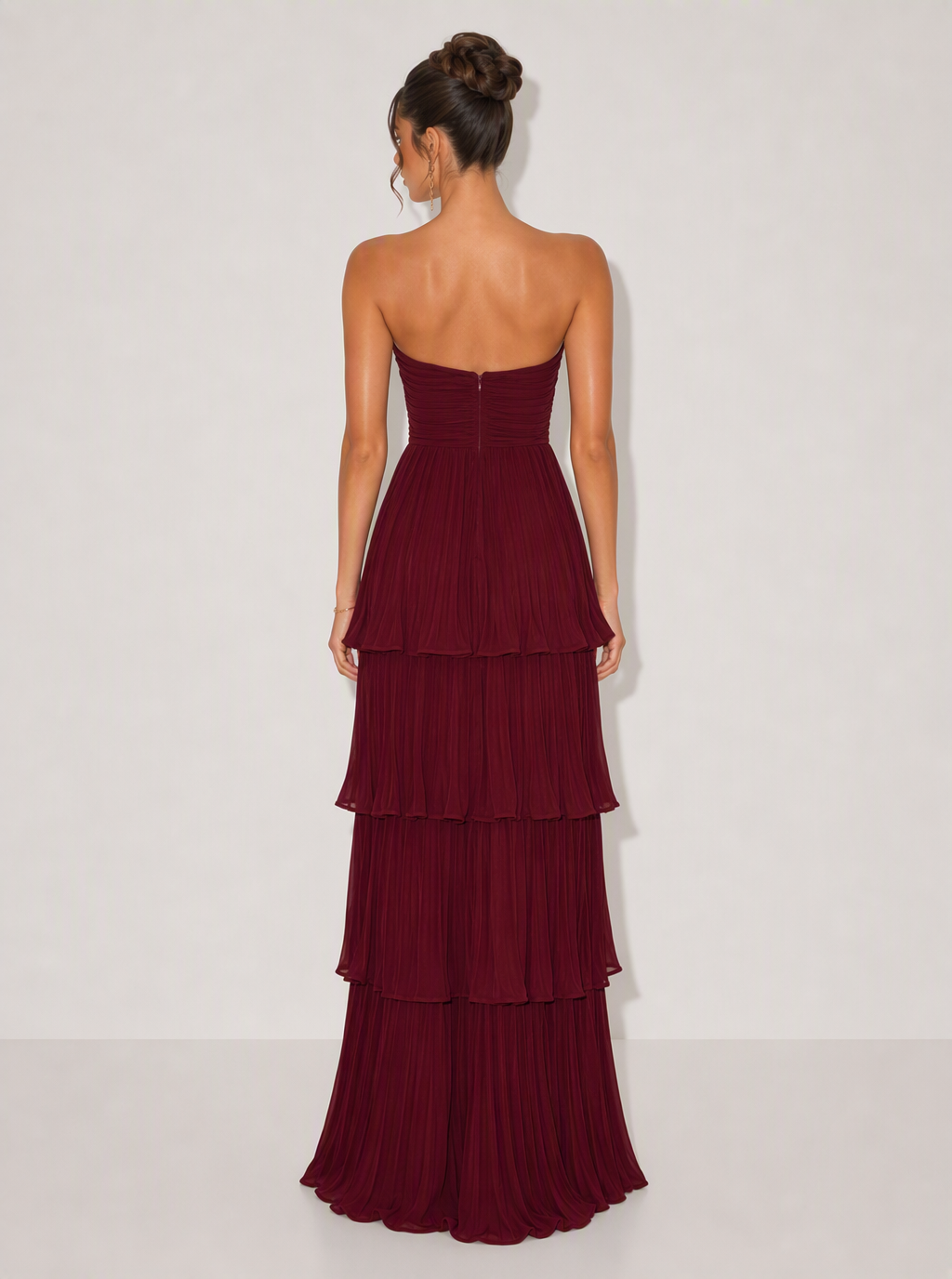 Zephrina Aveline pleated tiered maxi dress in burgundy