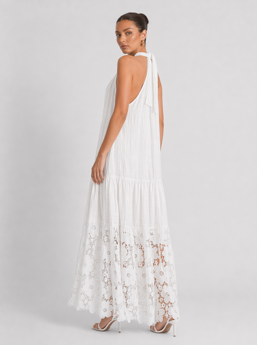 Zephrina White Floral Lace Halter Tiered Maxi Dress