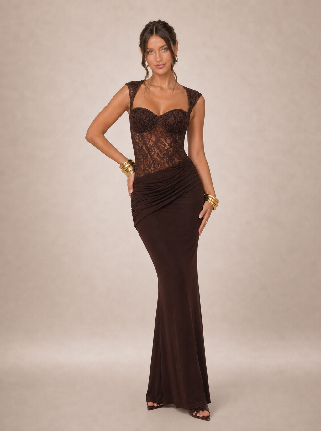 Zephrina Corisande lace-bodice maxi dress in dark brown