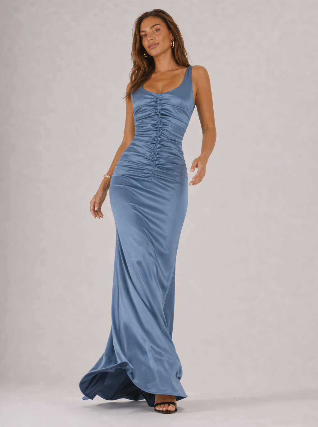 Zephrina blue ruched satin-look maxi dress with scoop neckline