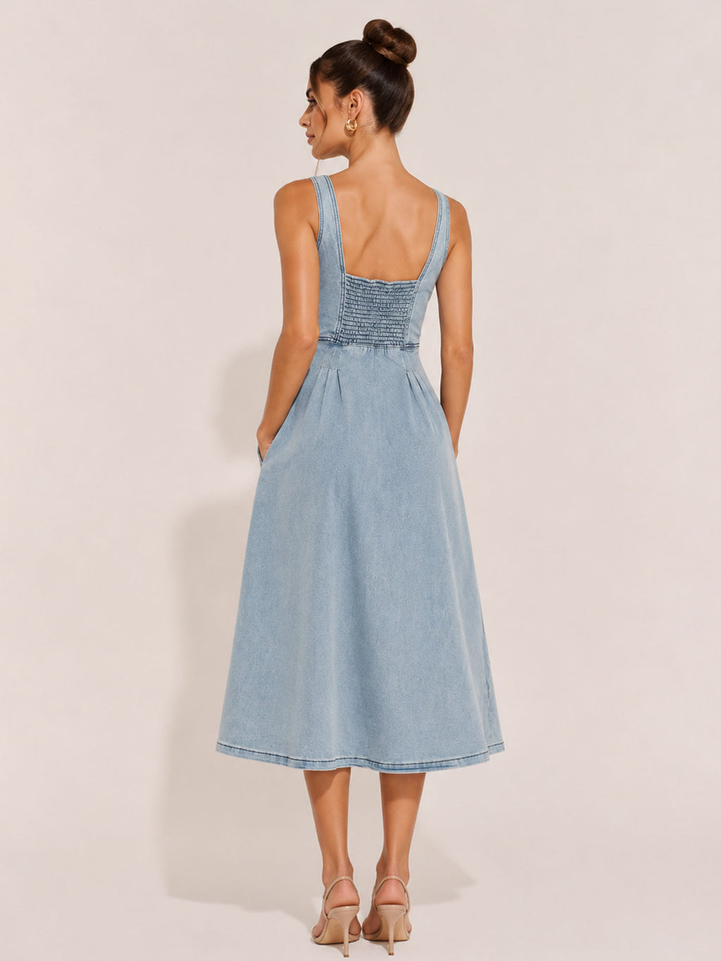 Zephrina Light Wash Denim Square Neck Midi Dress
