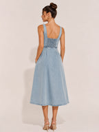 Zephrina Light Wash Denim Square Neck Midi Dress