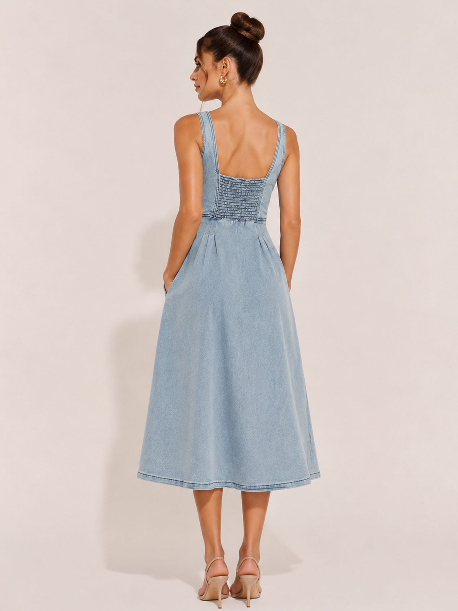 Zephrina Light Wash Denim Square Neck Midi Dress