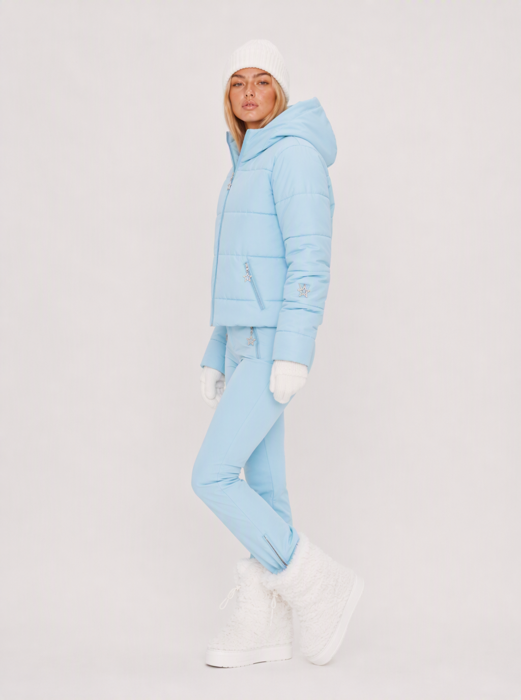Zephrina Ingunn pastel quilted ski set with hooded jacket and flared pants in blue