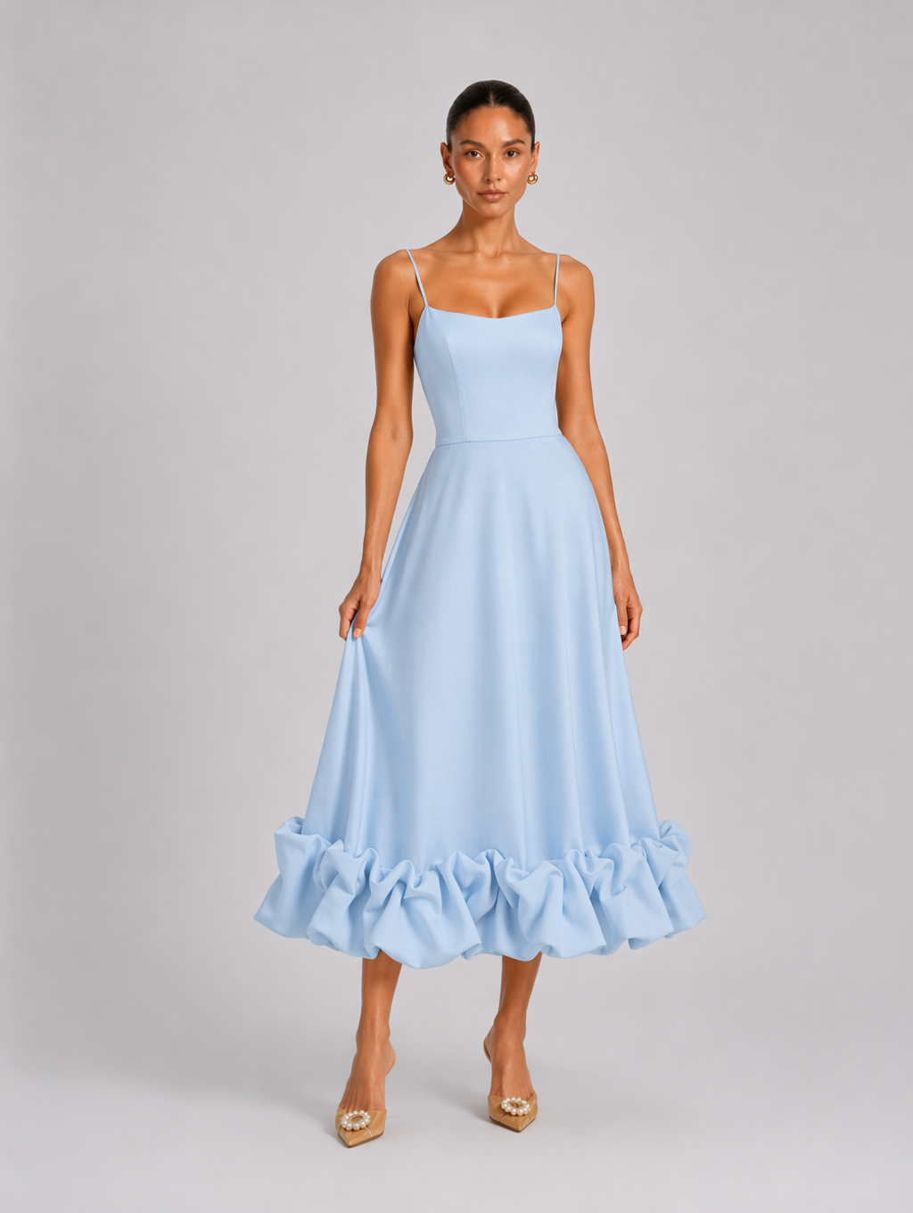 Square Neck Ruffle Hem A-Line Satin Dress