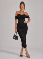 Zephrina Calista off-shoulder ruched midi dress in burgundy