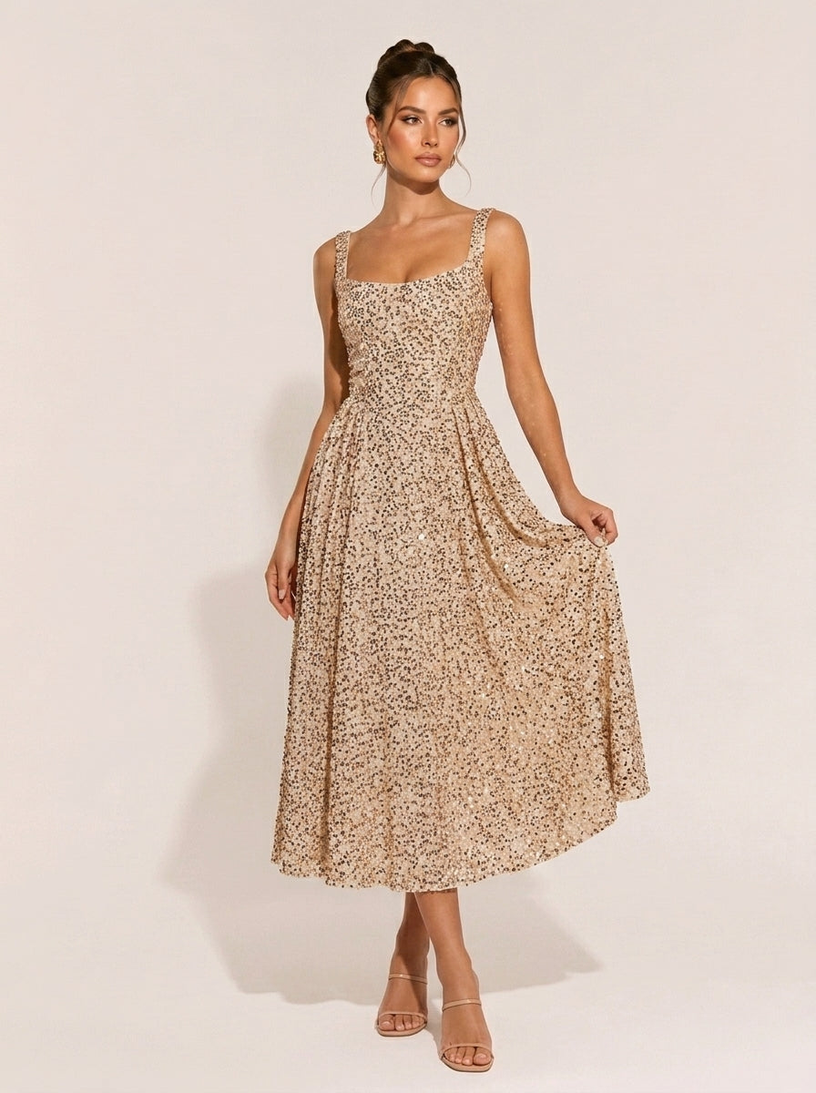 Champagne Sequin Midi Dress