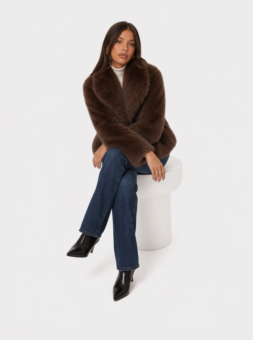 Zephrina Arabella shawl collar faux fur coat in coffee