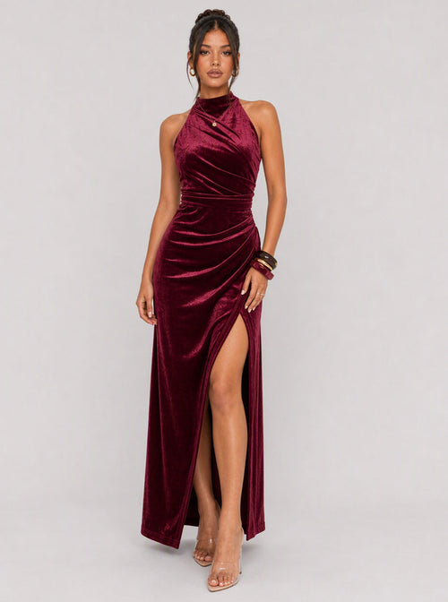 Zephrina Ismeria velvet one-shoulder maxi dress in burgundy