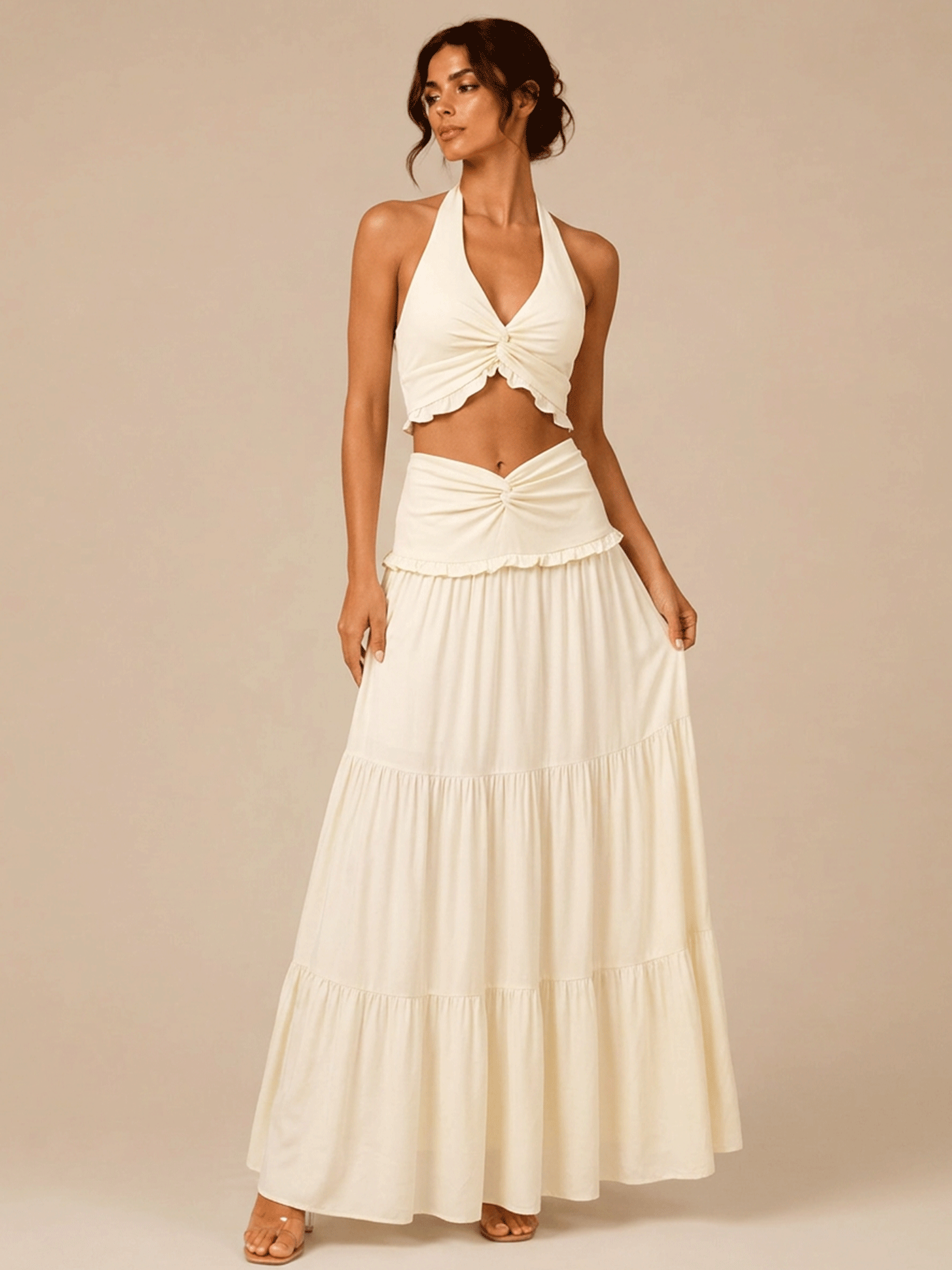 Halter Twist Crop Top & Tiered Maxi Skirt Two Piece Set