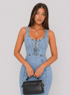 Zephrina Light Wash Corset Stitch Denim Midi Dress