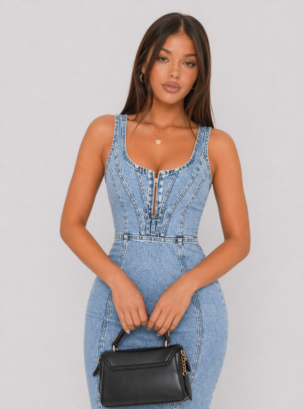 Zephrina Light Wash Corset Stitch Denim Midi Dress