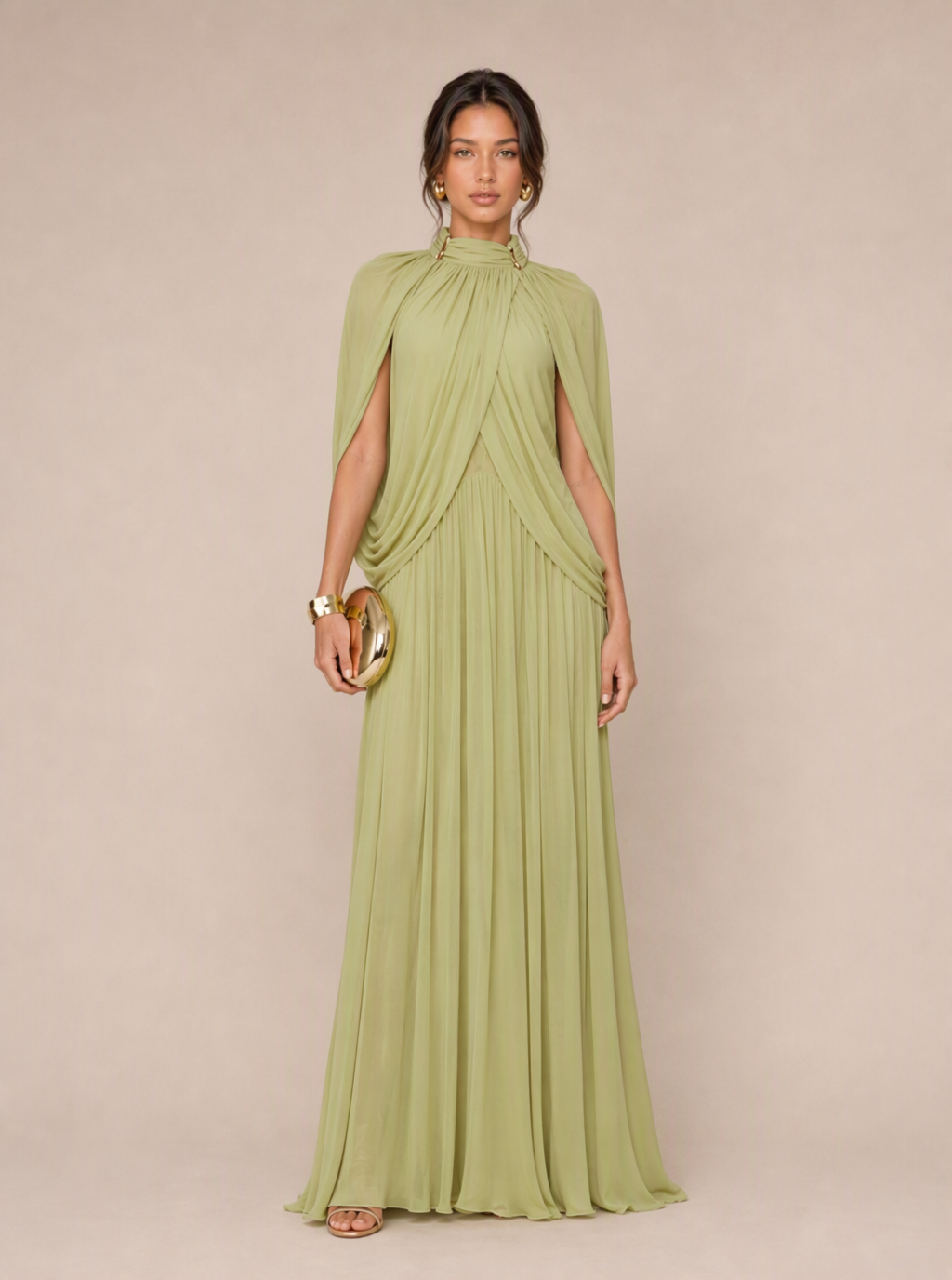 Zephrina Evadne cape-sleeve pleated maxi dress in matcha green