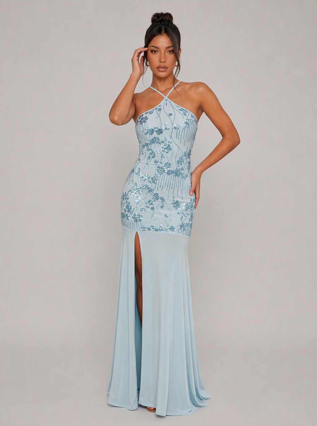 Zephrina Solara sequin halter maxi dress in coffee
