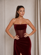 Zephrina Jessamyn sheer-corset velvet maxi dress in burgundy