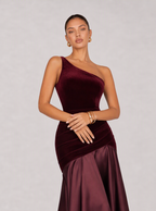 Zephrina Jessamine one-shoulder velvet maxi dress in burgundy