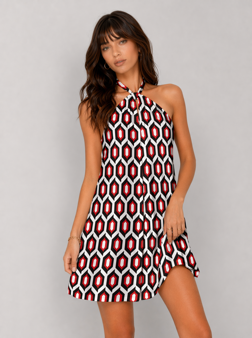 Zephrina Lavinia geometric halter mini dress in red