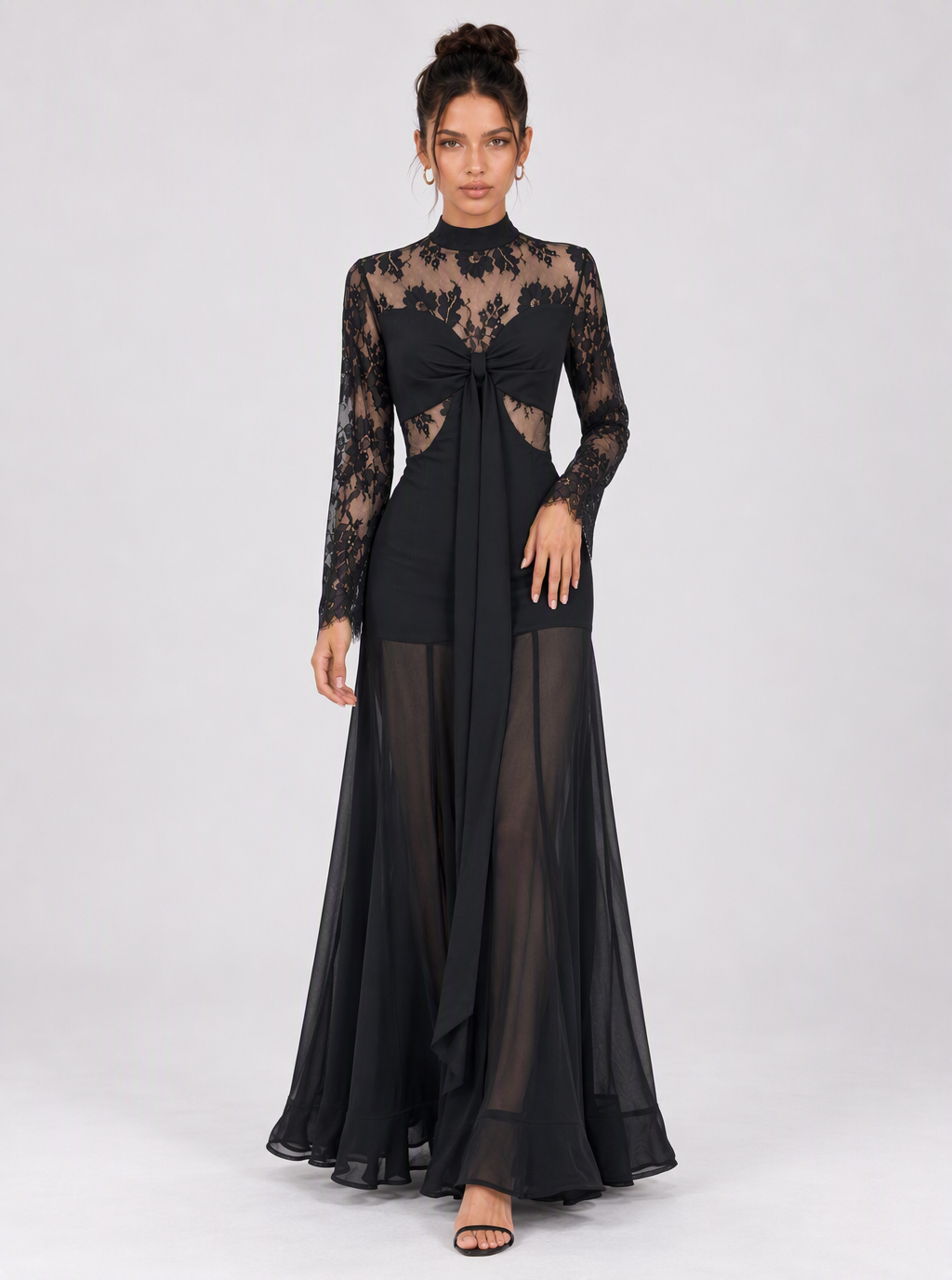 Zephrina Iseult lace-bodice sheer-overlay maxi dress in black
