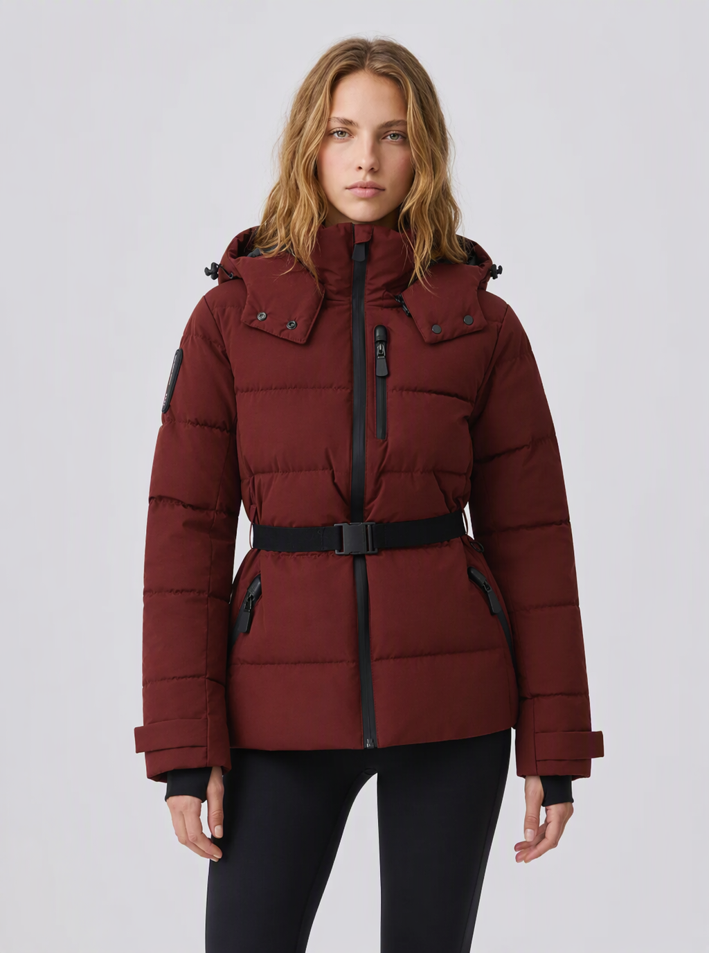 Zephrina Ailsa belted hooded quilted jacket in black and white geometric check