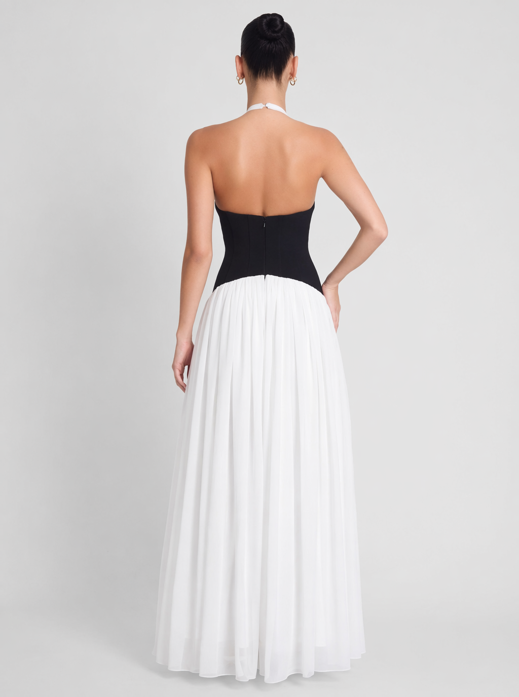 Zephrina Black White Color Block Halter Corset Chiffon Maxi Gown