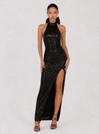 Zephrina Violetta halter sequin slit maxi dress in black