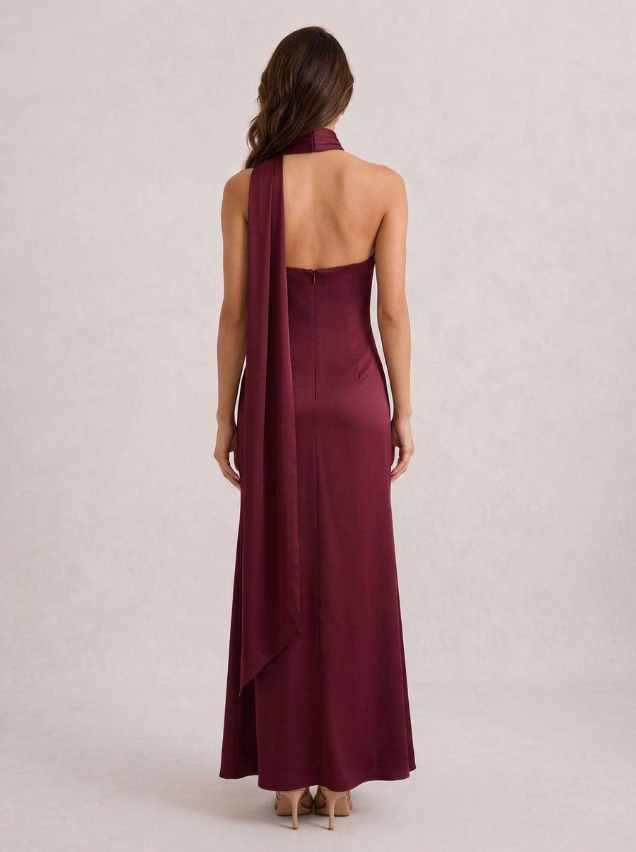 Zephrina Quirina scarf satin maxi dress in burgundy