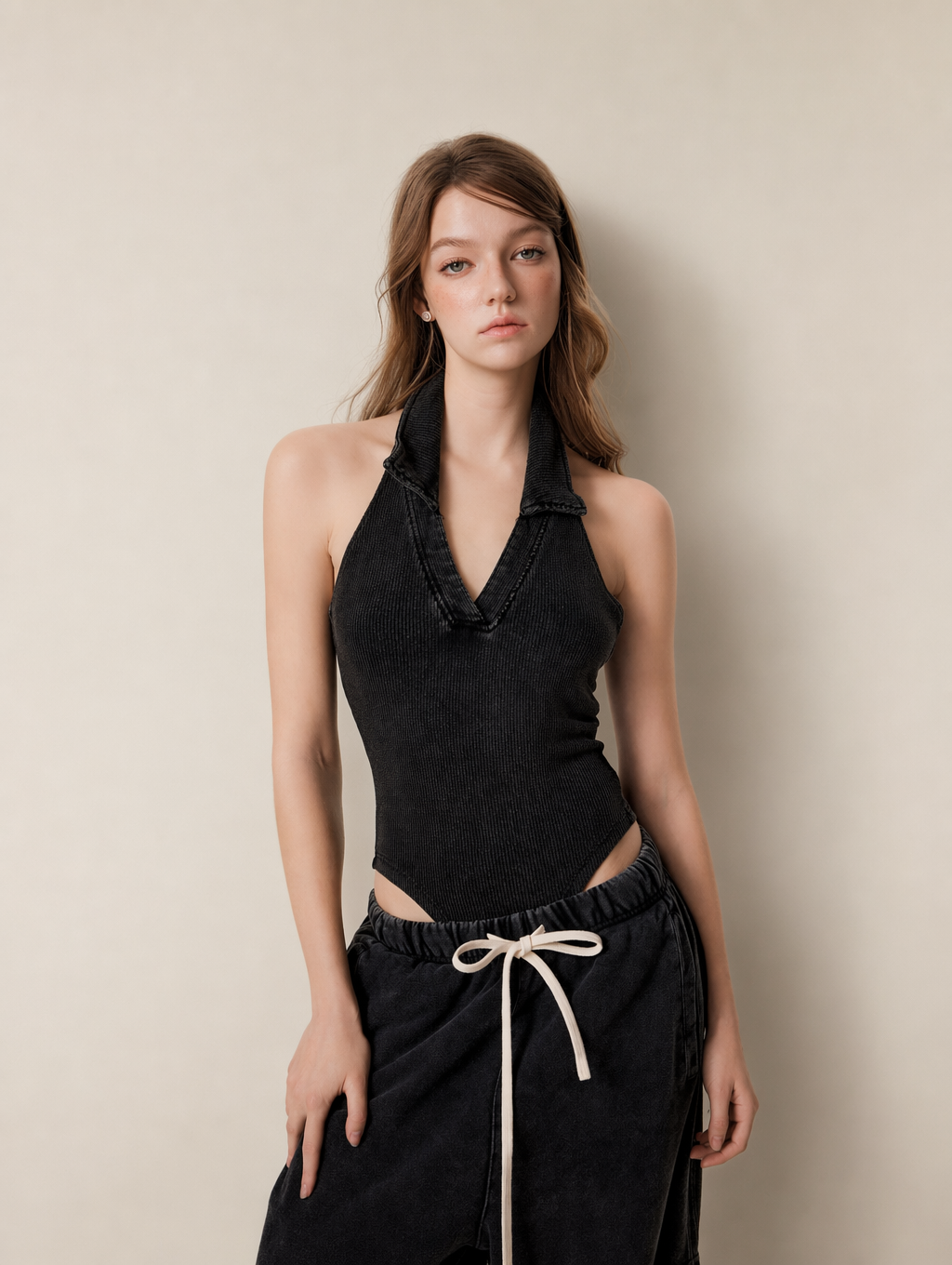 Retro Ribbed Halter Polo Top