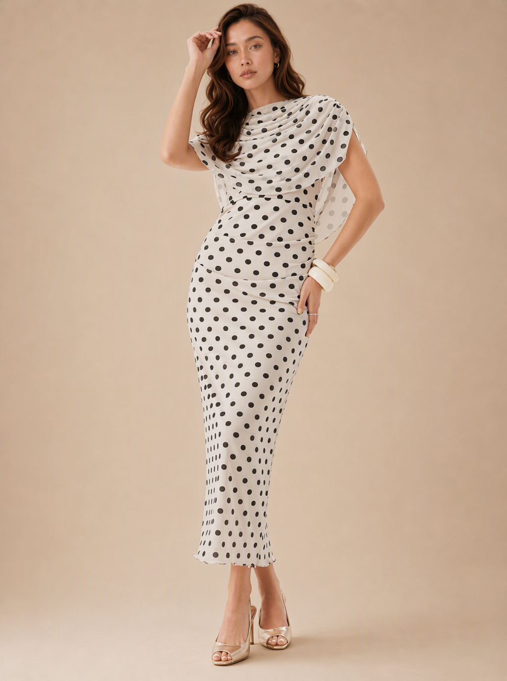 Zephrina Maelys draped polka dot midi dress in white