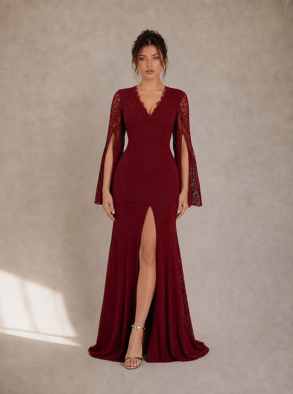 Zephrina Serafine cape-sleeve lace slit maxi dress in burgundy