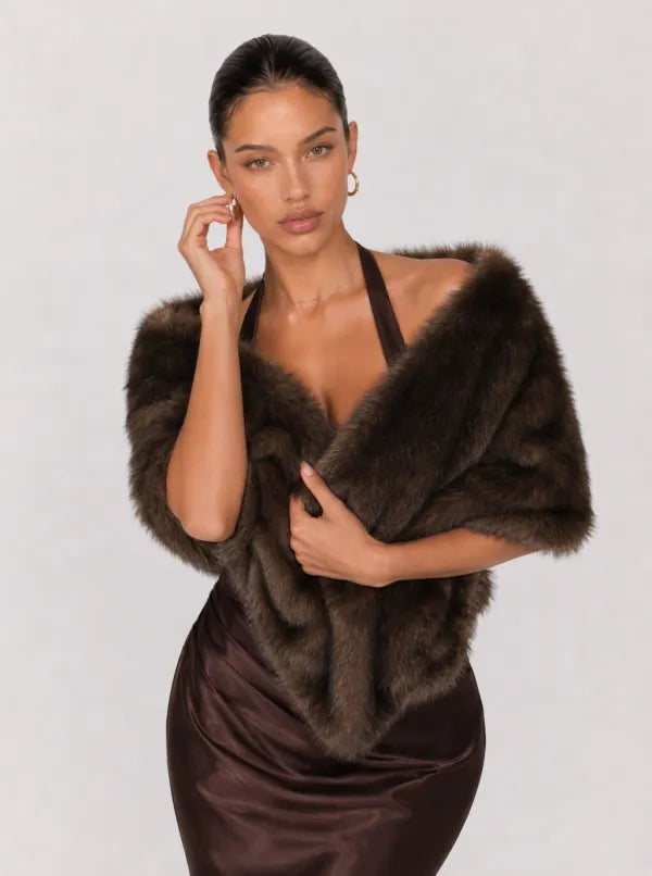 Zephrina Marietta draped faux-fur shawl in coffee