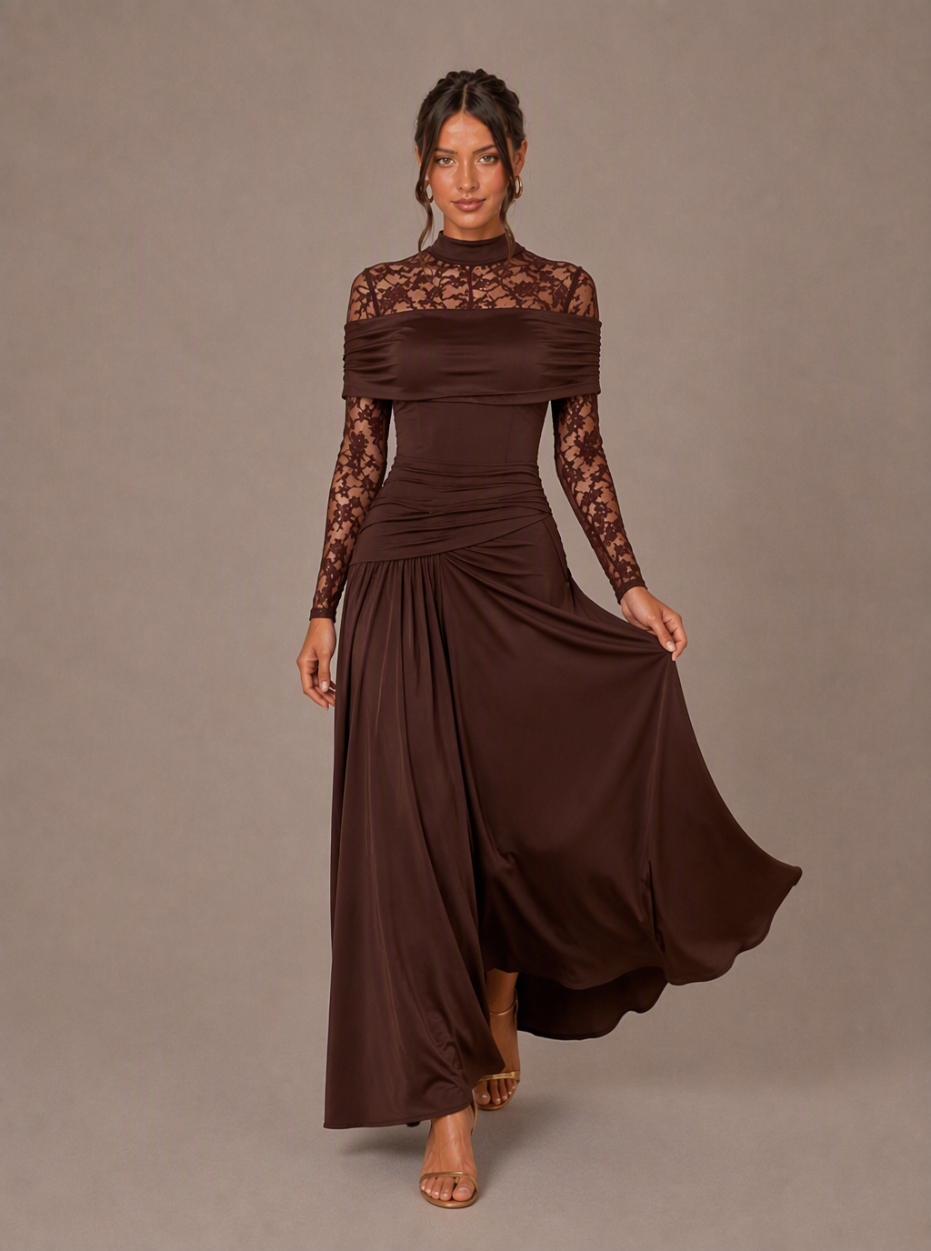 Zephrina Sophronia lace-yoke draped maxi dress in brown