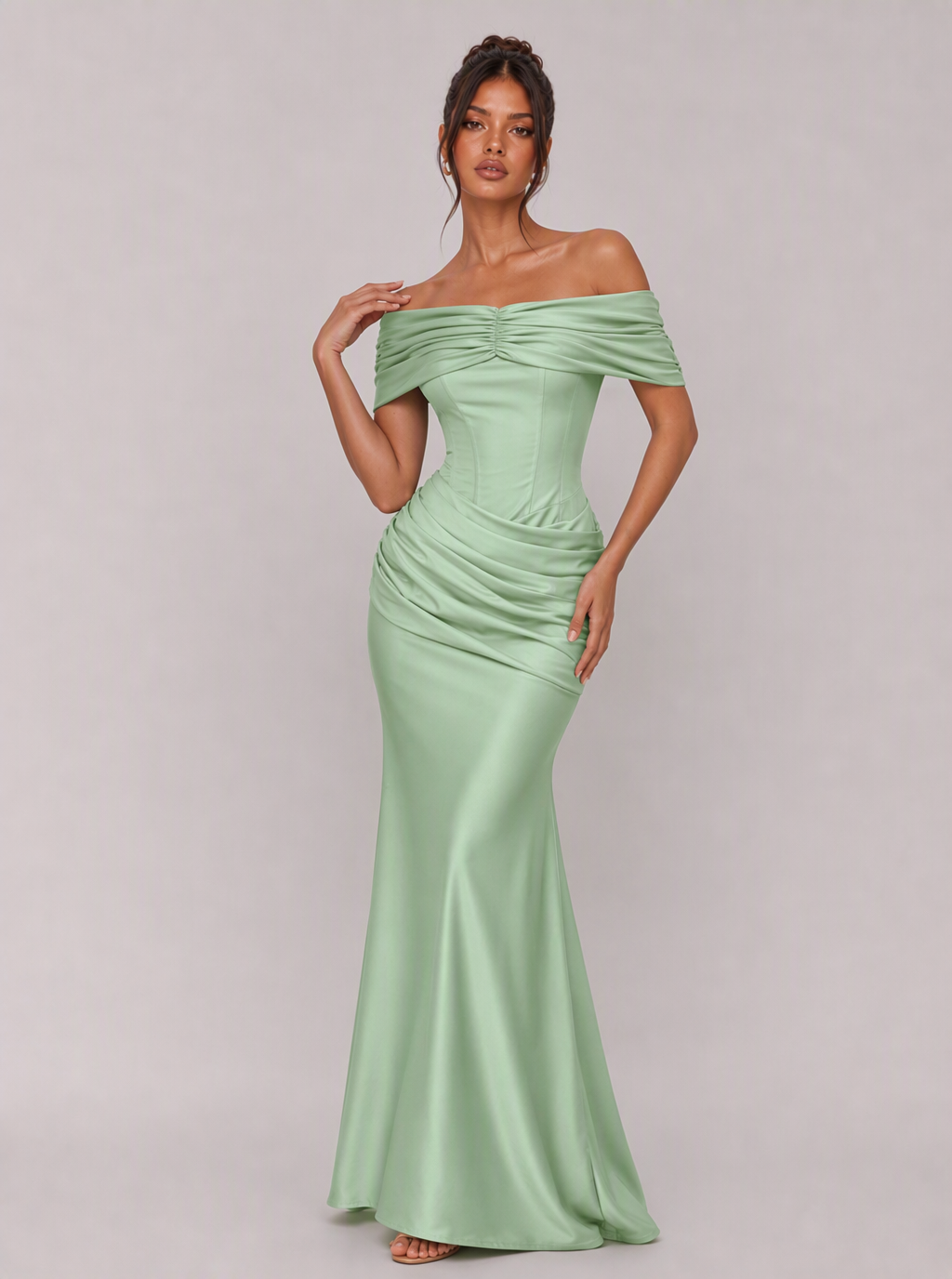 Zephrina Lucetta off-shoulder ruched maxi dress in brown