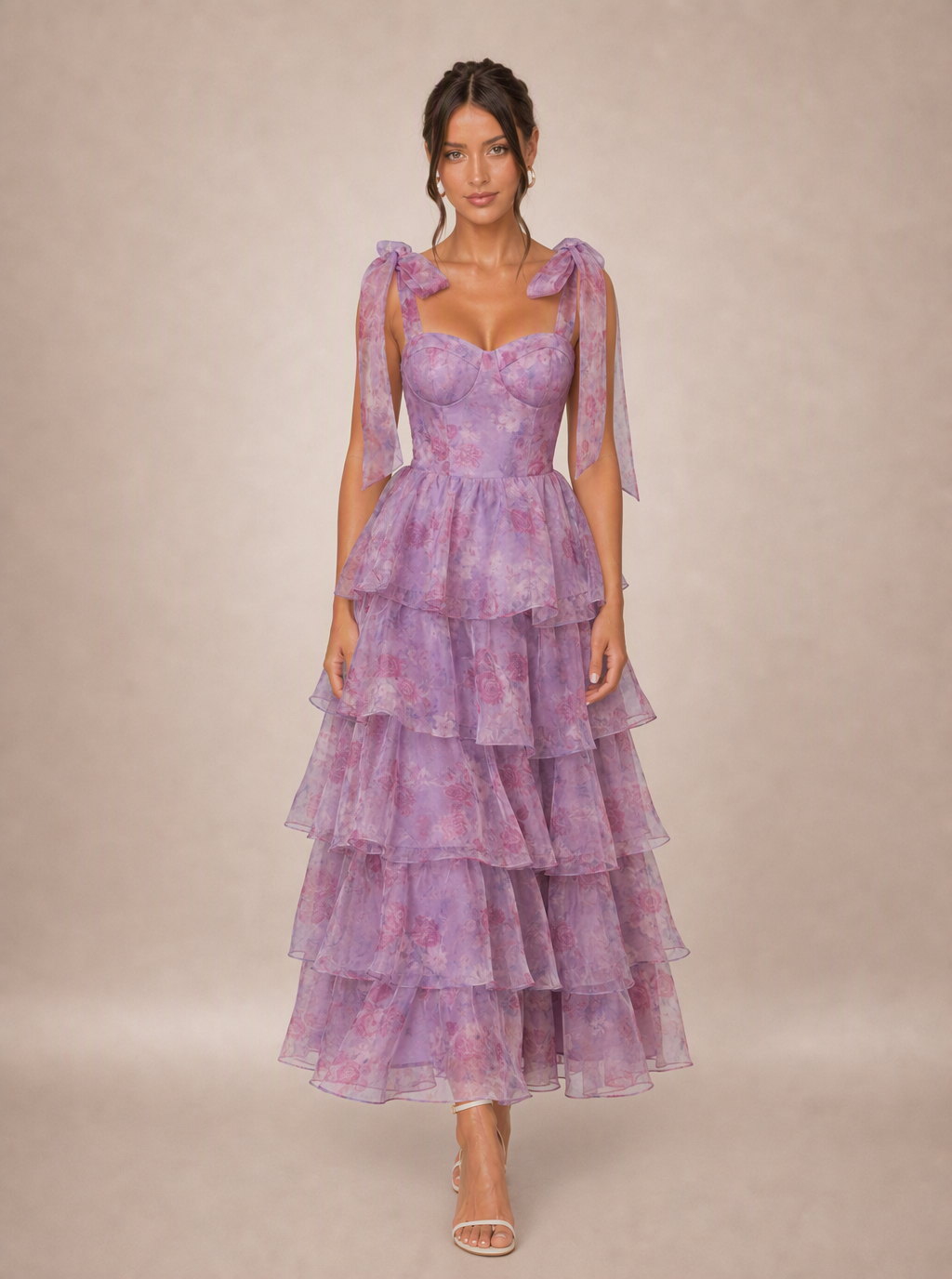 Zephrina Araminta bow-shoulder tiered maxi dress in light purple
