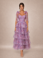 Zephrina Araminta bow-shoulder tiered maxi dress in light purple