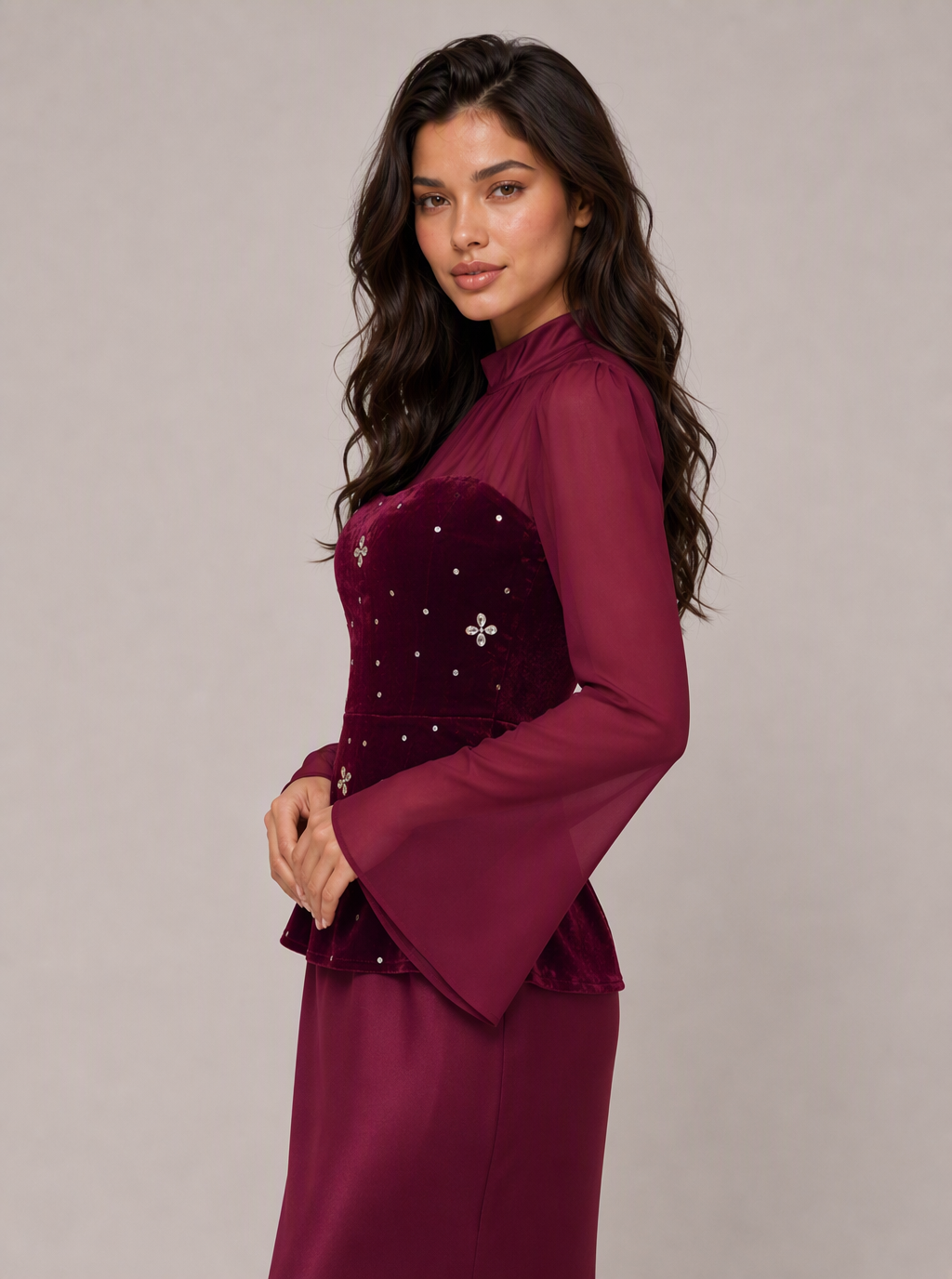 Zephrina Rosalind velvet peplum embellished maxi dress in burgundy