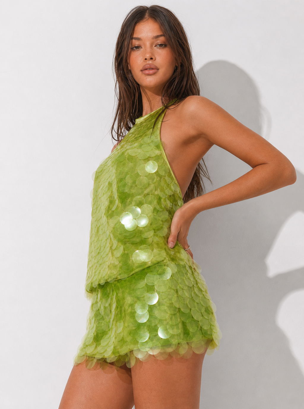 Zephrina Solara paillette sequin mini dress in green