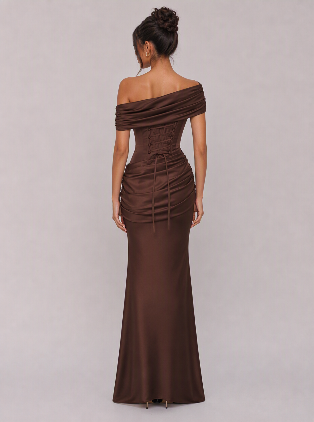 Zephrina Lucetta off-shoulder ruched maxi dress in brown
