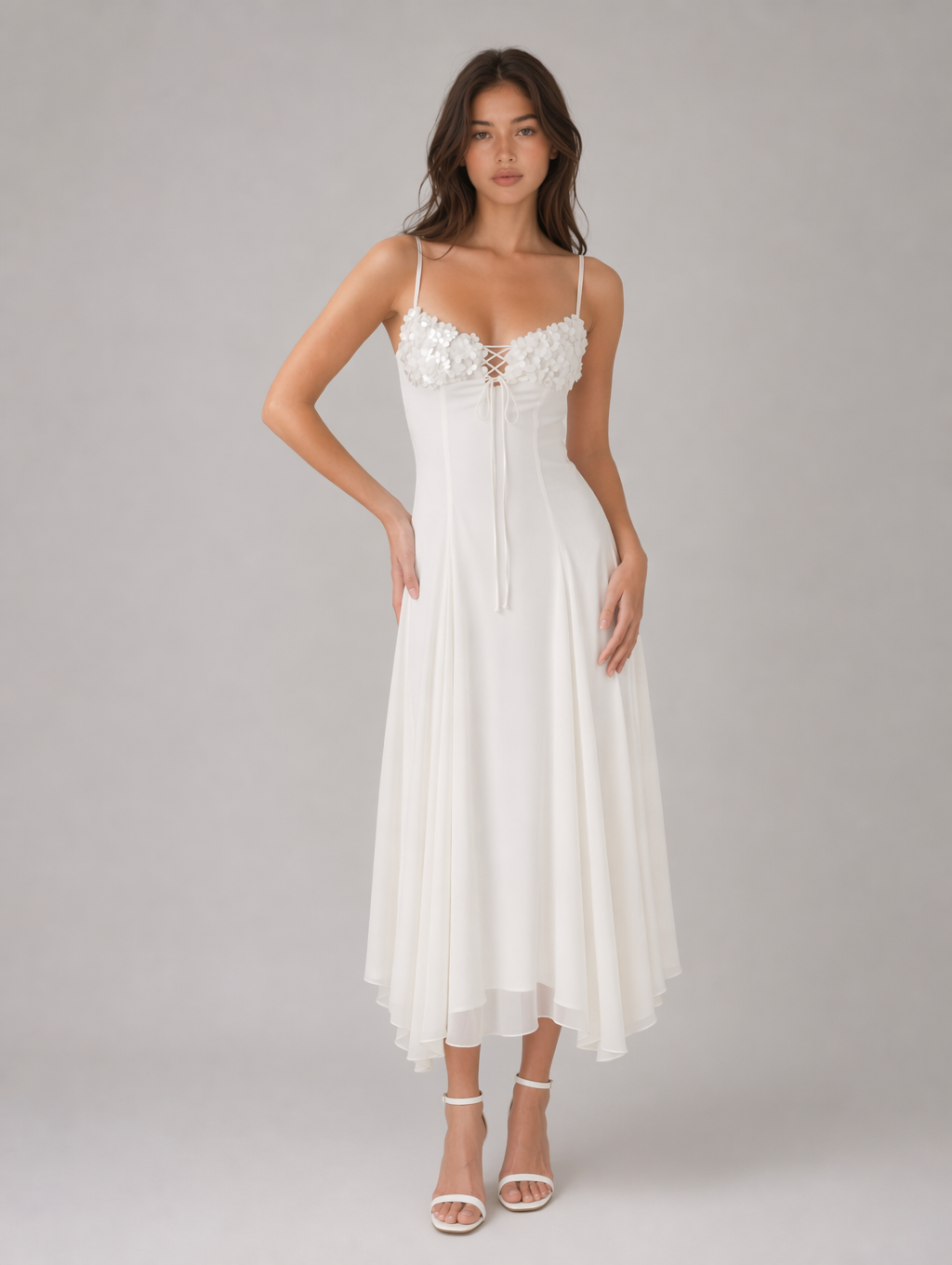 White 3D Floral Spaghetti Strap Midi Dress