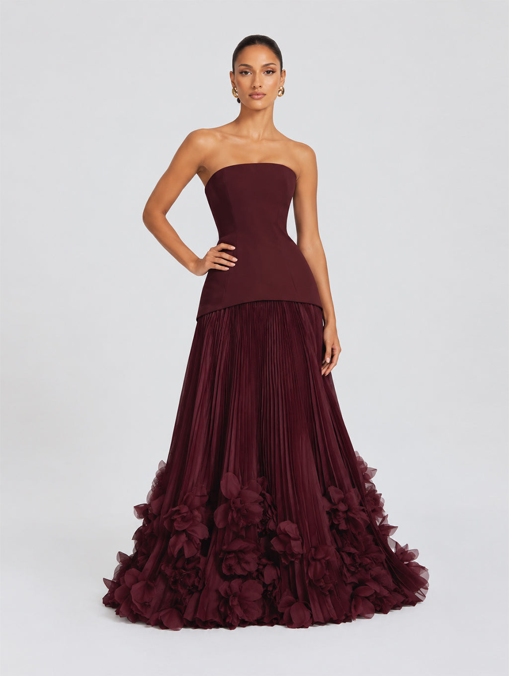 Strapless Petal Pleated Maxi Evening Gown