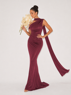 Zephrina one-shoulder scarf-drape satin maxi dress in burgundy