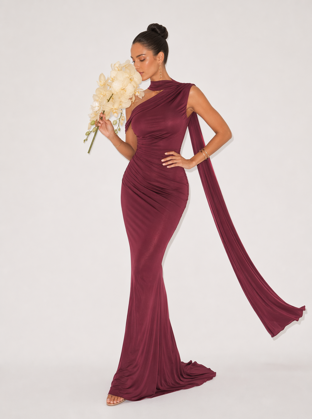 Zephrina one-shoulder scarf-drape satin maxi dress in burgundy