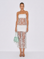 Zephrina white strapless lace column set with sheer skirt