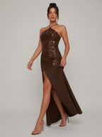 Zephrina Solara sequin halter maxi dress in coffee