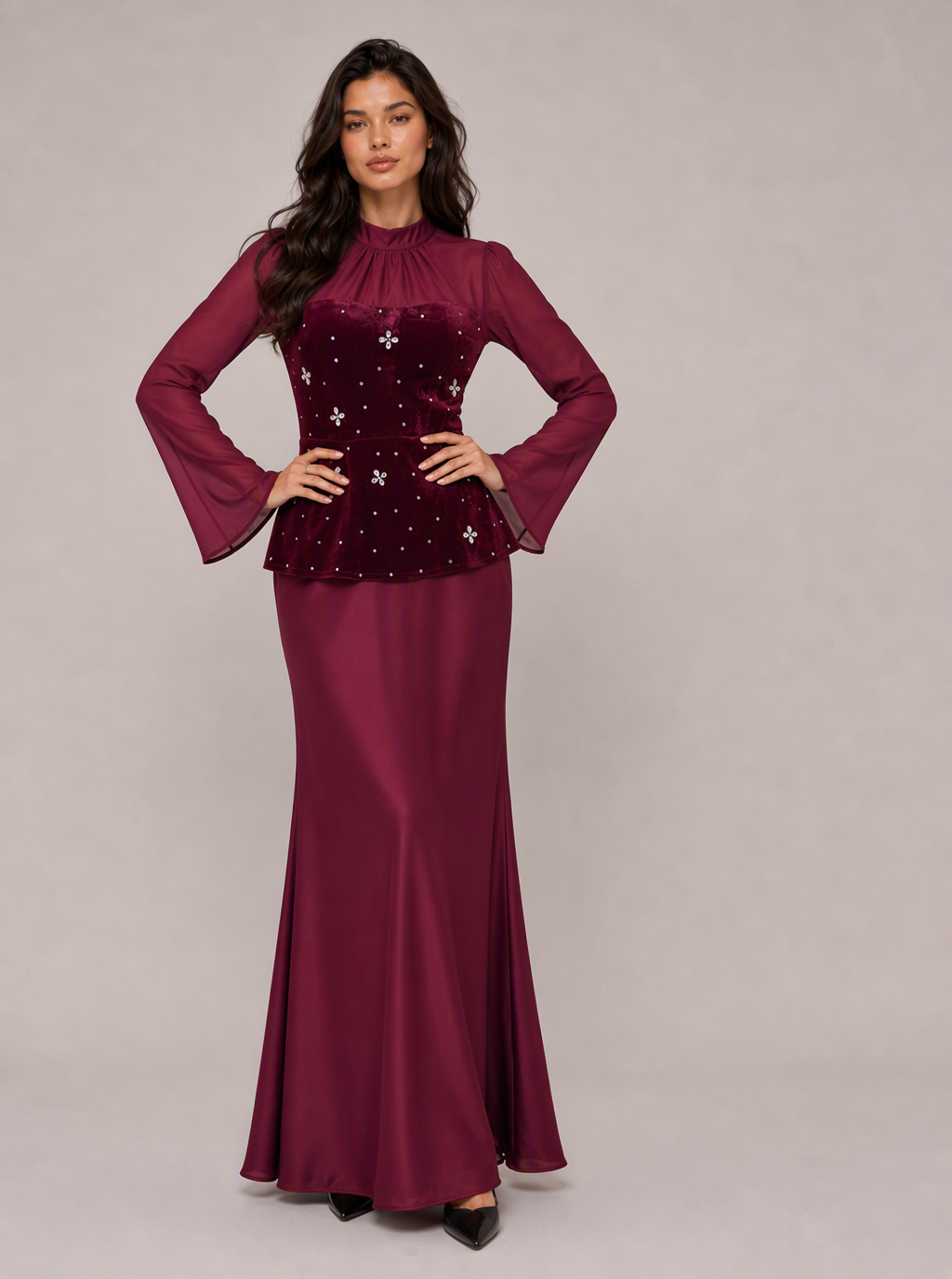 Zephrina Rosalind velvet peplum embellished maxi dress in burgundy