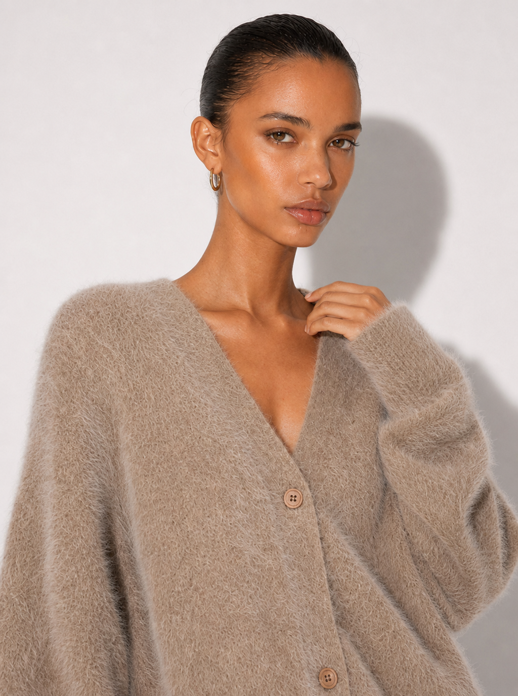 Zephrina Adara plush button cardigan in khaki