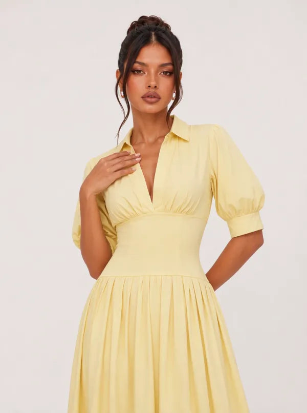 Zephrina Marigold collared puff-sleeve midi dress in yellow