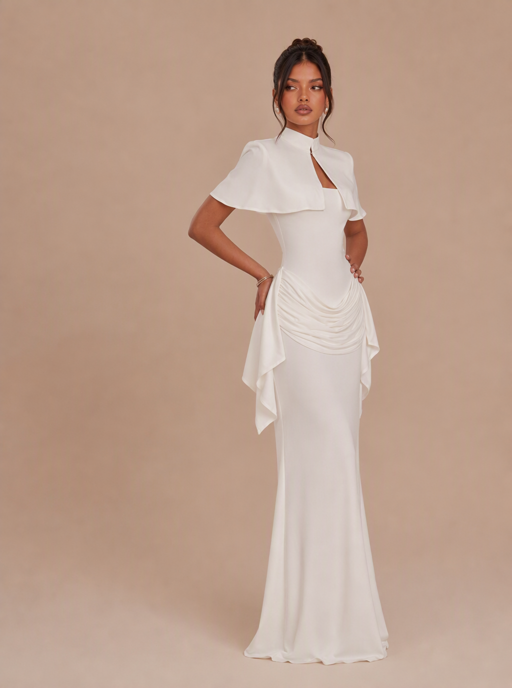 Zephrina Christiane cape-detail draped maxi dress in white