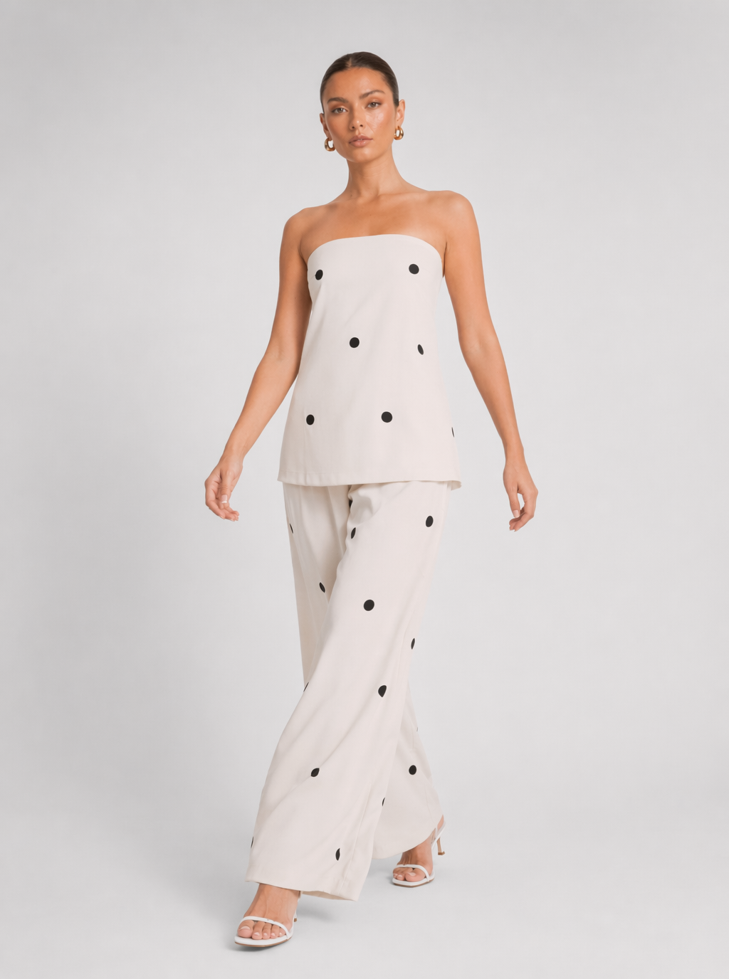 Zephrina Polka Dot Strapless Two-Piece Wide Leg Co-Ord Set