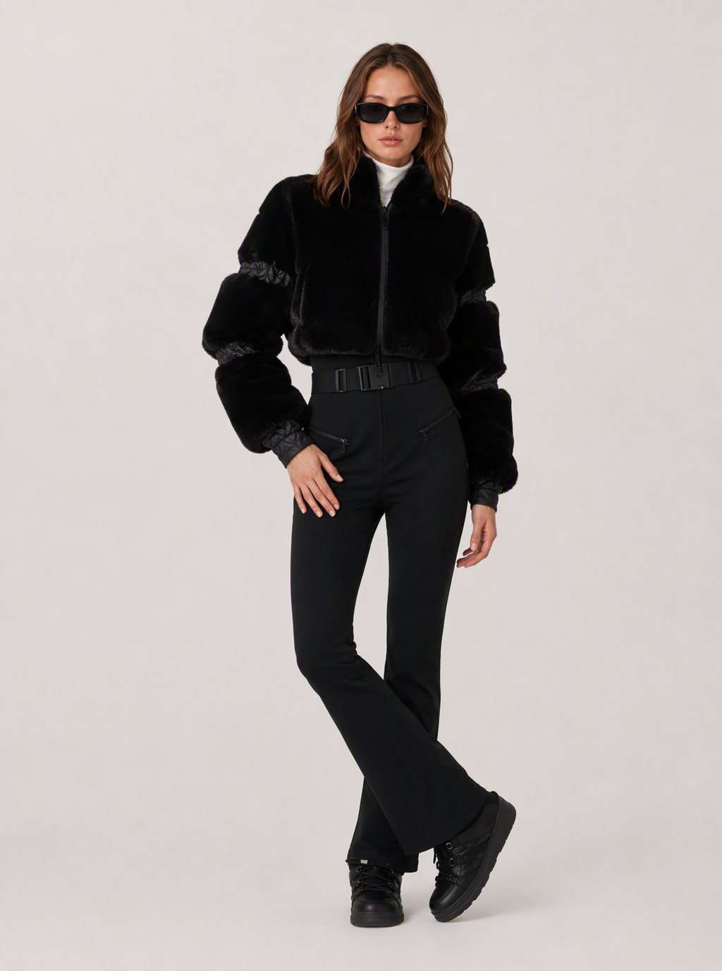 Zephrina Sunniva plush contrast belted one-piece ski suit in coffee