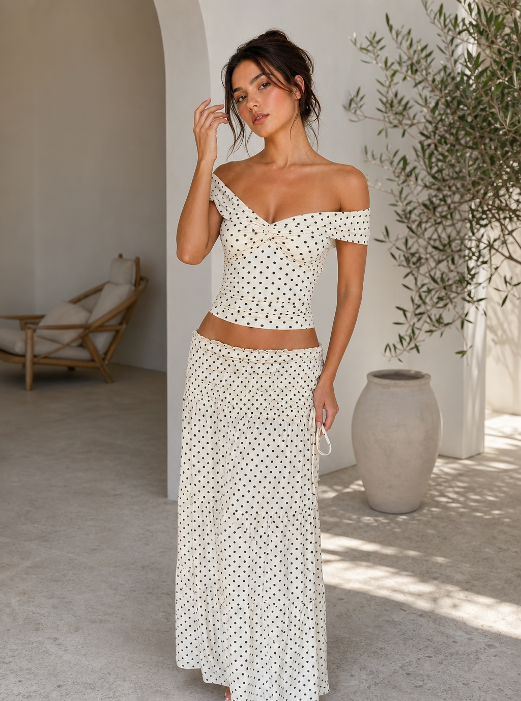 Zephrina Vintage Polka Dot Off-Shoulder Two-Piece Maxi Set